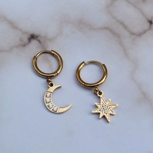 Gold Star & Moon Huggie Earrings